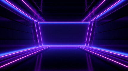 Dark room with purple and blue diagonal neon lights. 3d vector showcase with copy space stock illustration
