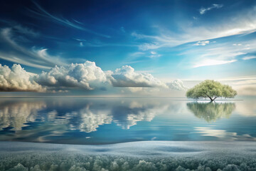 Obraz premium A serene solitary tree reflects in the calm waters under a sky filled with dramatic clouds at twilight. Generative AI