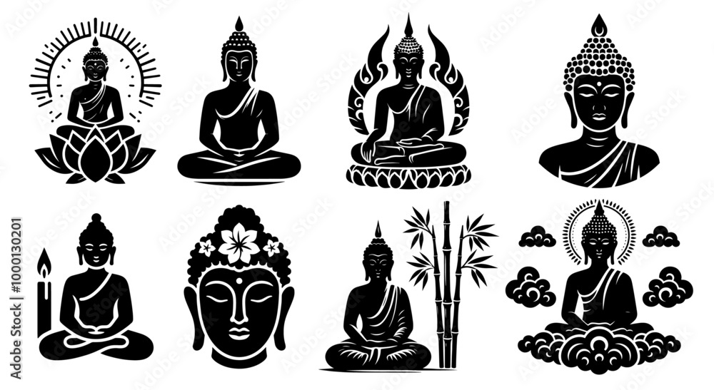 Wall mural black shape vector collection of meditating buddha illustrations, representing enlightenment and inner peace