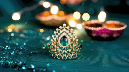 Close-up photograph of an exquisite gold and emerald ring, set against a luxurious dark teal background with shimmering golden particles, enhanced by soft, festive bokeh lights in the distance