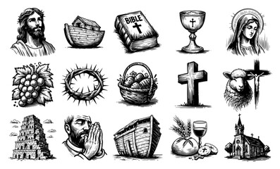 artistic collection of christian attributes, hand-drawn in black and white with spiritual significance