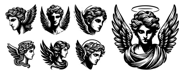 collection of angel portraits in hand-drawn sketch style black vector