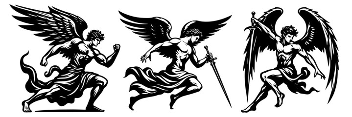 Dynamic Angelic Warriors Graphics Set: Hand-Drawn Angel Silhouettes in Action