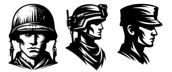 soldier portrait collection in black shape design, military-themed vector artwork