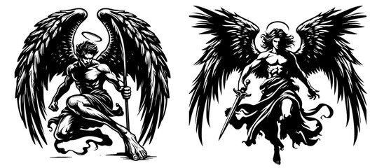 Obraz premium Powerful Archangels in Motion: Illustrations of Divine Warriors with Swords