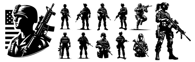 combat-ready soldiers in tactical gear, detailed black and white vector illustration of military personnel