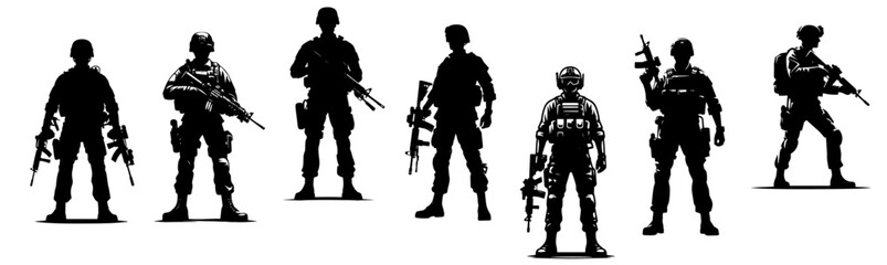 collection of tactical soldier silhouettes, black and white illustration showcasing different military stances and equipment