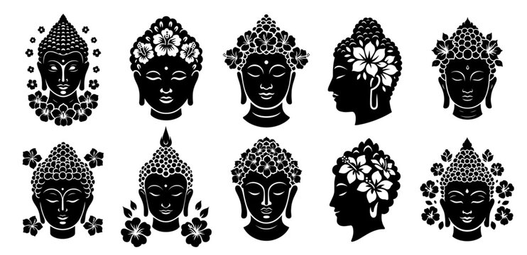 buddha portrait set in black hand-drawn vector illustration