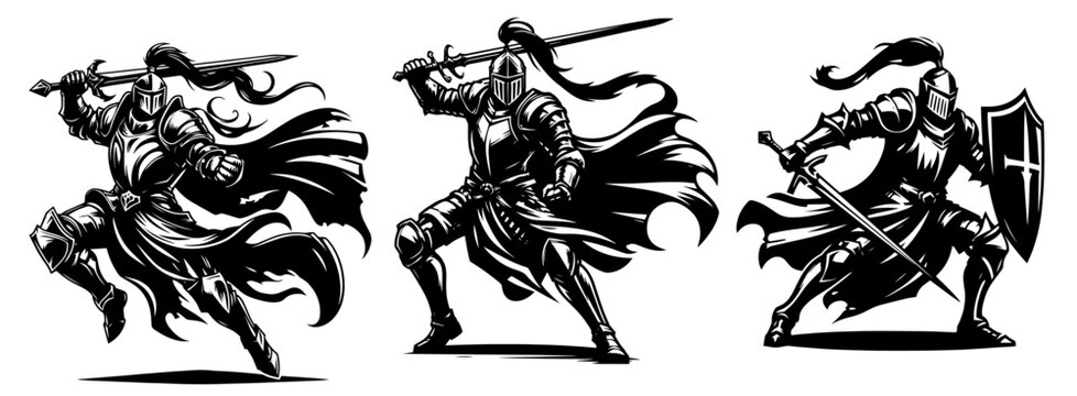 collection of knight figures in battle poses with sword and cape, black vector design