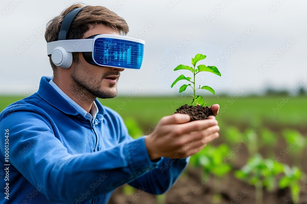 Poster futuristic farmer wearing augmented reality goggles, using smart technology to monitor crop growth a