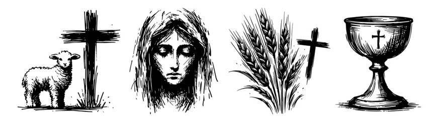 hand-drawn collection of christian attributes, featuring sacred symbols in black and white illustrations