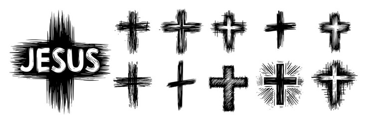 rough hand-drawn christian crosses and symbols black vector
