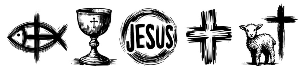 collection of christian symbols in doodle style, hand-drawn black and white vector illustrations