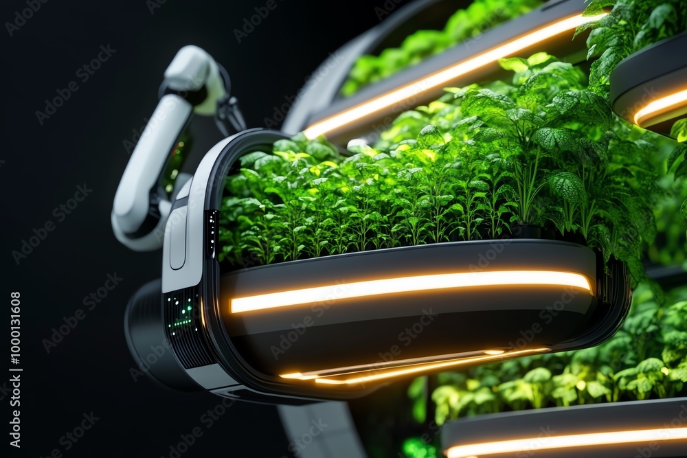 Poster futuristic greenhouse with glowing led lights, growing crops vertically in towering structures, with