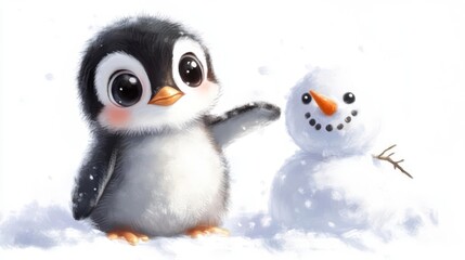 Fototapeta premium Cute illustration of a baby penguin and a snowman playing in the snow, perfect for winter and holiday-themed designs.