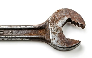 Old rusty spanner on a white background, closeup of photo