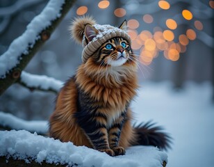  A fluffy tabby cat sits on a snow-covered branch, wearing a knitted hat with a pompom. The background blurred lights, a magical, wintry atmosphere.  For poster, banner, greeting card, invitation