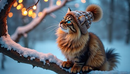  A fluffy tabby cat sits on a snow-covered branch, wearing a knitted hat with a pompom. The background blurred lights, a magical, wintry atmosphere.  For poster, banner, greeting card, invitation