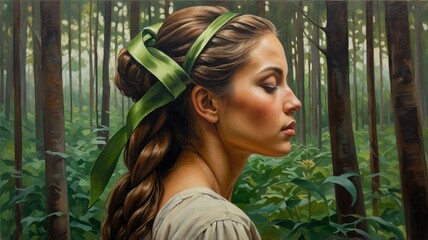 Side profile of a woman with braided hair tied with a green ribbon, standing peacefully in a lush forest setting, evoking natural beauty.
