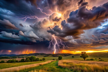 A breathtaking lightning storm illuminates the dusk sky over rolling hills and fields during a summer evening in July. Generative AI