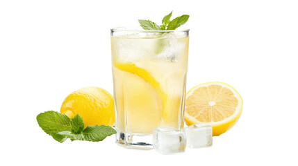 Fototapeta premium A glass of cold lemonade with ice cubes and mint, solated on transparent background, PNG file