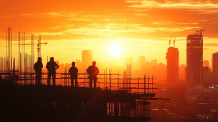 Fototapeta premium Silhouette of construction workers on a building site at sunrise, with a glowing cityscape in the background, creating a dynamic urban scene