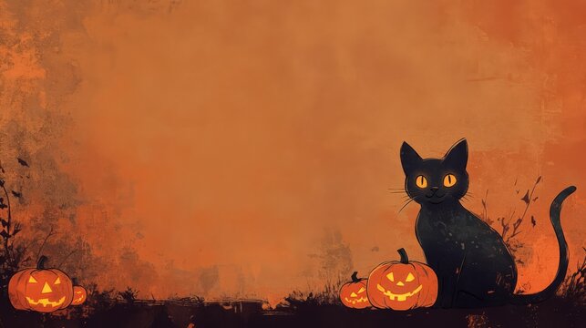 Halloween themed illustration with a black cat and carved pumpkins against an orange grunge background, perfect for festive designs.