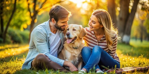Loving Couple Enjoying Quality Time Together with Their Adorable Playful Dog in a Park Setting