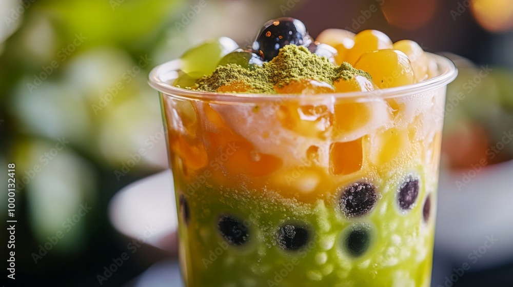 Poster a close-up of a bubble tea cup with a mix of colorful pearls and a sprinkle of matcha powder on top,