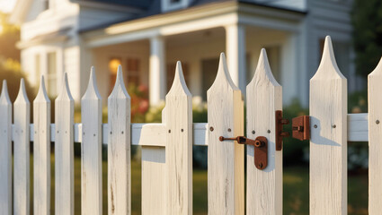 A white picket fence traditionally surrounds a house