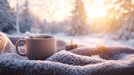 Cozy warm winter composition with cup of hot coffee or chocolate, cozy blanket and snowy landscape on sunny winter day. Winter home decor. Christmas. New Years Eve.