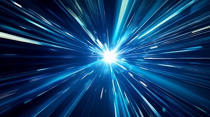 Abstract blue and white light streaks converging on a bright center.
