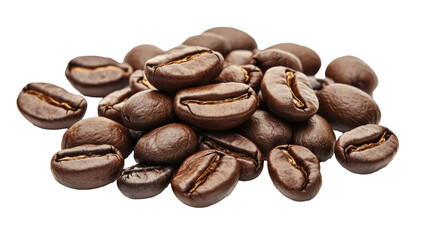 Obraz premium A handful of roasted coffee beans scattered across a white background