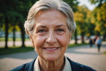 Close portrait of a smiling senior Hungarian woman looking at the camera, Hungarian outdoors blurred background