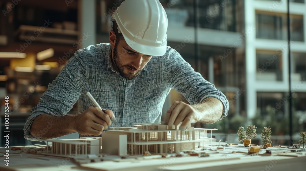 Poster engineer work on table with architecture model and white helmet