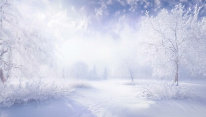 Fototapeta premium Beautiful bright white winter Christmas background. A path in the park, lots of snow, tree branches covered with glittering silver frost, bokeh light, copyspace.