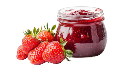 A jar of strawberry jam with fresh strawberries beside it, solated on transparent background, PNG file