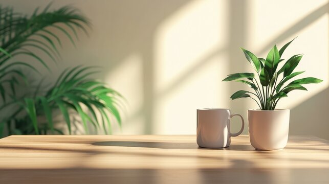 Front view of a wooden desk with a coffee mug and a houseplant, providing space for work and copying.