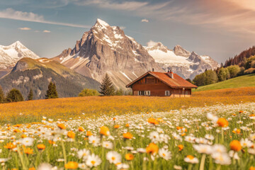 Fototapeta premium Charming wooden cottage nestled among vibrant wildflowers and majestic mountains under a golden sunset in the Swiss Alps. Generative AI