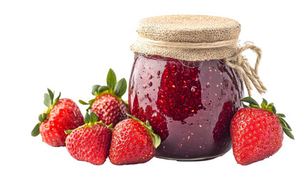 A jar of strawberry jam with fresh strawberries beside it, solated on transparent background, PNG file