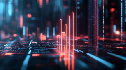 Fototapeta premium A close-up of a futuristic 3D bar graph with glowing neon bars, rising upward in a dynamic digital environment, symbolizing financial success and innovation.