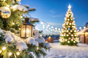 Winter wonderland with decorated Christmas tree and lantern glowing in the snowy landscape at dusk during festive celebrations. Generative AI
