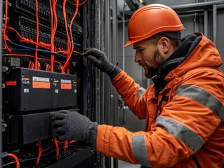 Engineers installing high-capacity lithium-ion batteries for a smart grid, energy storage, smart grid solutions