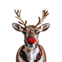 A close-up of Rudolph the Red-Nosed Reindeer wearing a harness, symbolizing Christmas, holiday cheer, and Santa’s sleigh