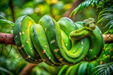 Fototapeta premium Lush Green Tree Boas Coiled on Branches in a Tropical Rainforest Setting, Vibrant and Serene Nature