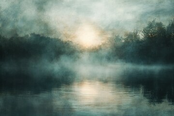 Misty Morning Sunrise Over a Still Lake and Trees