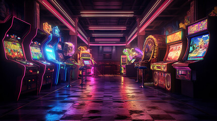 Retro arcade with neon-lit games and machines.