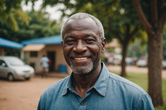 Close portrait of a smiling senior Ivorian man looking at the camera, Ivorian outdoors blurred background