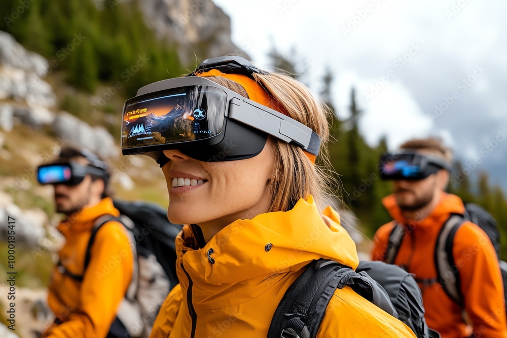 Poster futuristic hikers in augmented reality gear, where their smart glasses display real-time data about 