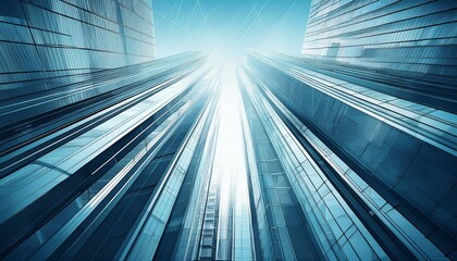Wide angle abstract background view of steel light blue high rise commercial building skyscraper sketch